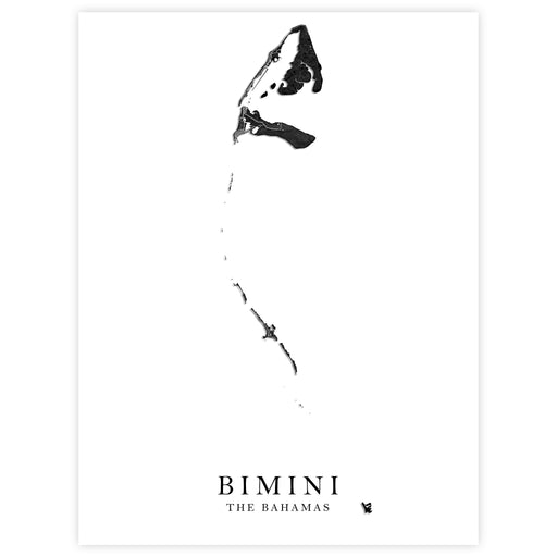 A minimalist black and white art print featuring a stylized shark silhouette above the text 'BIMINI' and 'THE BAHAMAS' on a white background.