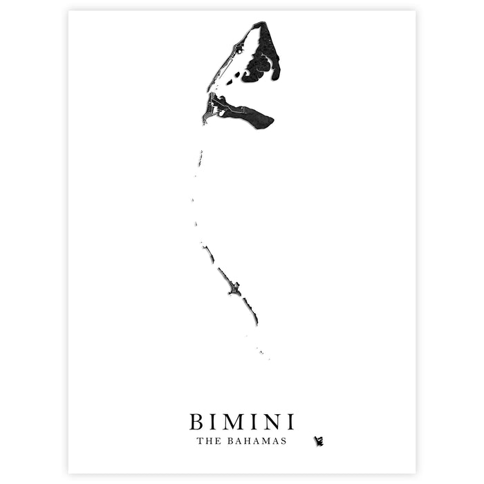 A minimalist black and white art print featuring a stylized shark silhouette above the text 'BIMINI' and 'THE BAHAMAS' on a white background.