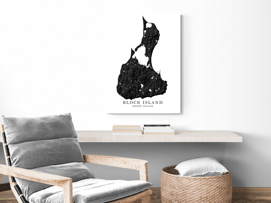 Block Island, Rhode Island map print with a black and white topographic landscape design by Maps As Art.