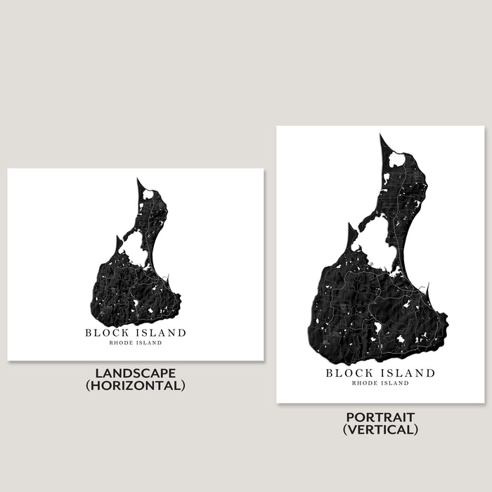 Two black-and-white Block Island Rhode Island map art prints shown side by side on a light gray background, labeled Landscape (Horizontal) and Portrait (Vertical).
