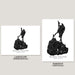 Two black-and-white Block Island Rhode Island map art prints shown side by side on a light gray background, labeled Landscape (Horizontal) and Portrait (Vertical).