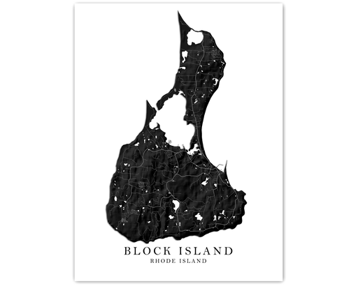 Block Island, Rhode Island map print with a black and white topographic landscape design by Maps As Art.