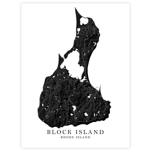 A minimalist black and white map art print of Block Island, Rhode Island, featuring a detailed black silhouette of the island with fine street line details on a clean white background, with the text 'BLOCK ISLAND' and 'RHODE ISLAND' printed below.