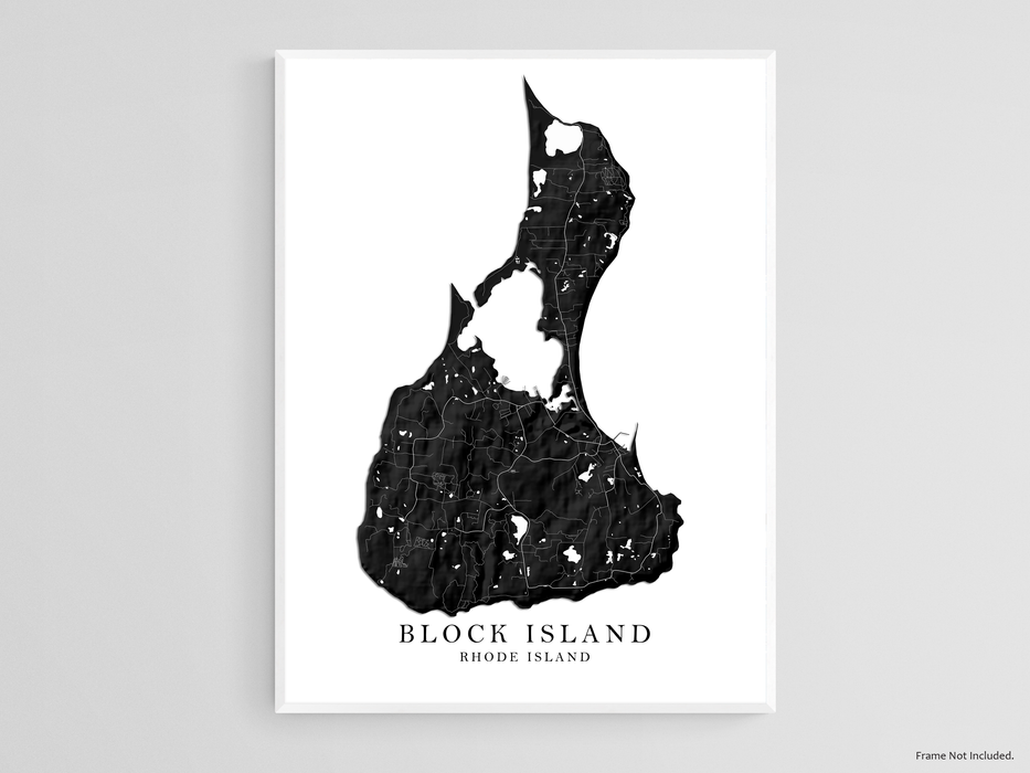 Block Island, Rhode Island map print with a black and white topographic landscape design by Maps As Art.