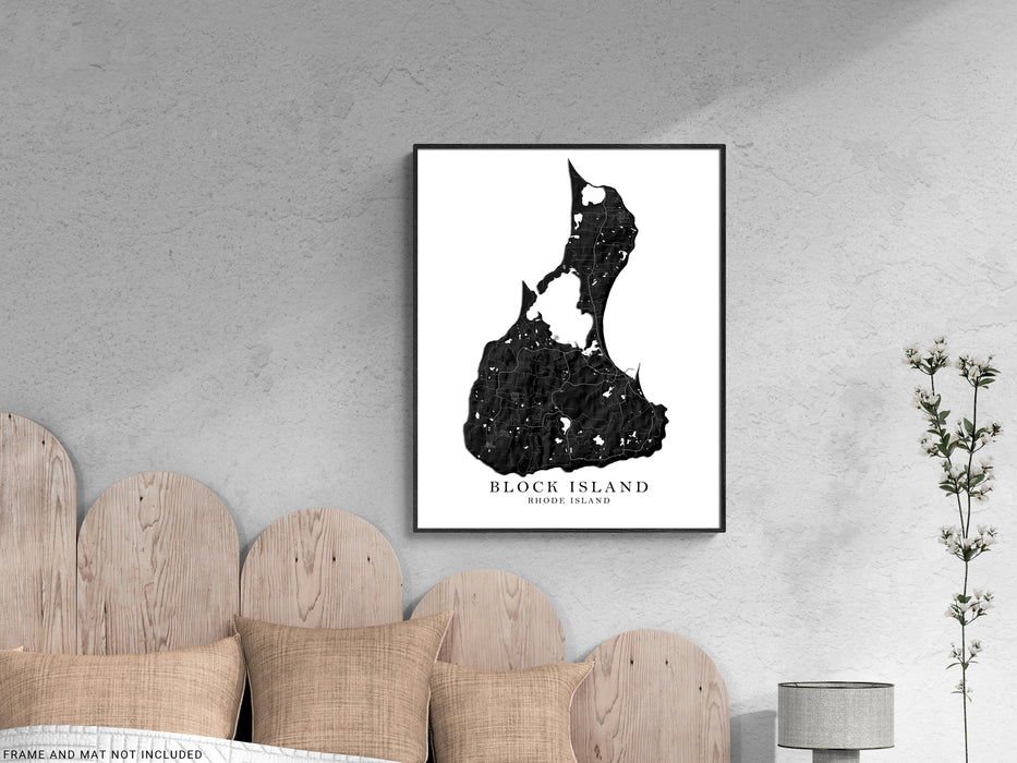 Block Island, Rhode Island map print with a black and white topographic landscape design by Maps As Art.Block Island, Rhode Island map print with a black and white topographic landscape design by Maps As Art.