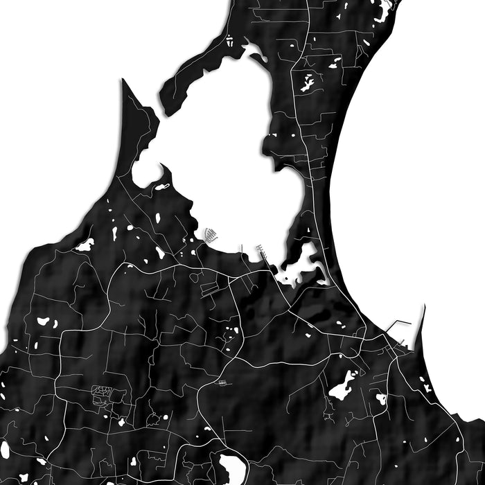 Black and white modern city map wall art featuring detailed road networks and coastlines on a white background.