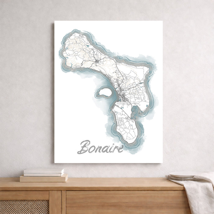 Map of Bonaire on a wall above a wooden shelf