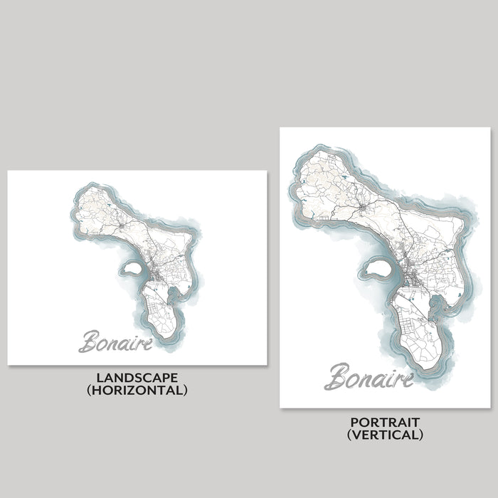 Two map prints of Bonaire, one landscape and one portrait, on a gray background.