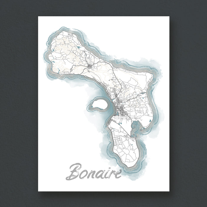 Map of Bonaire with water body outline on a white background