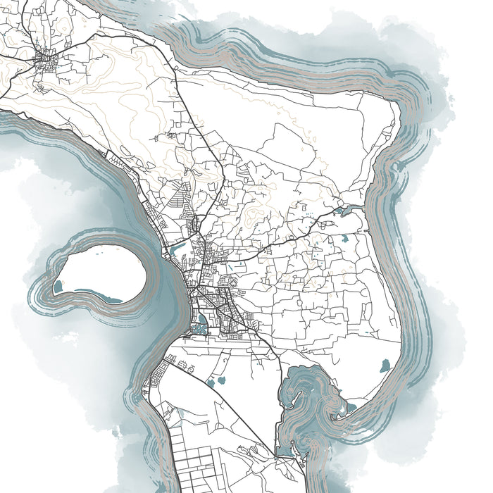 Map of a city with water bodies around it
