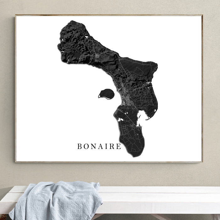 Framed map of Bonaire on a wall above a white surface.