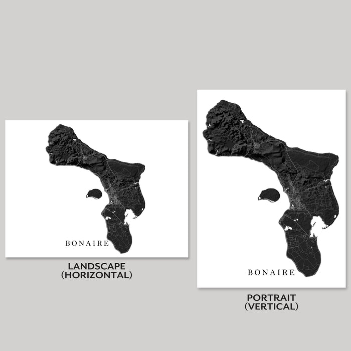 Two black and white maps of Bonaire, one landscape and one portrait orientation, on a gray background.