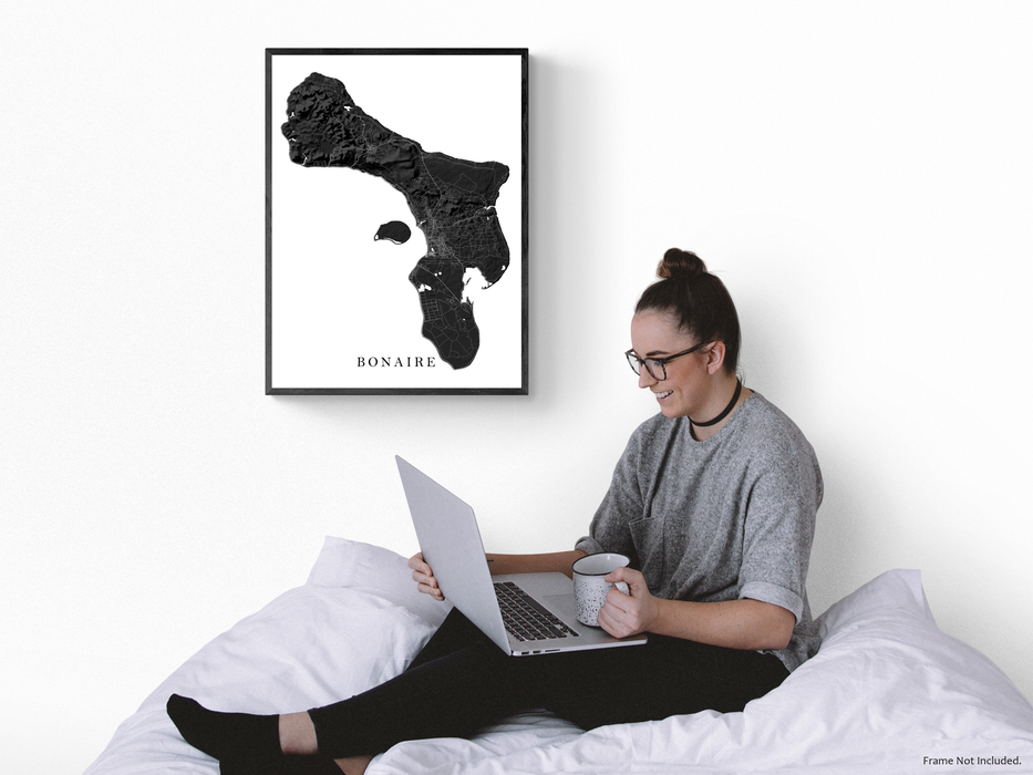 Bonaire island map print with a black and white topographic landscape design by Maps As Art.