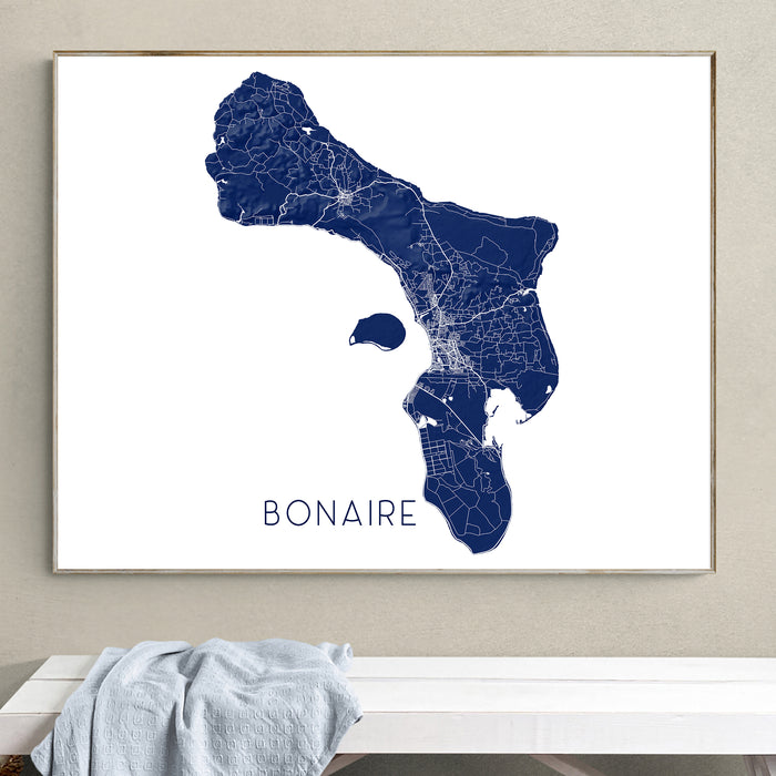 Framed map of Bonaire on a wall above a white surface.