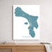 Map of Bonaire on a white wall above a wooden shelf.