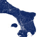Map of a coastal region with urban planning details in blue on a white background