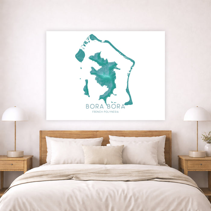 Framed map of Bora Bora on a wall above a bed with wooden headboard and nightstands.