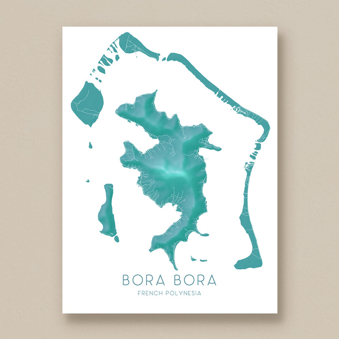 Map of Bora Bora with a teal color scheme on a white background