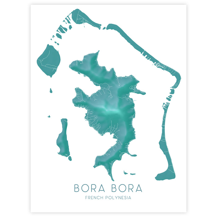 Map of Bora Bora with a teal color scheme on a white background