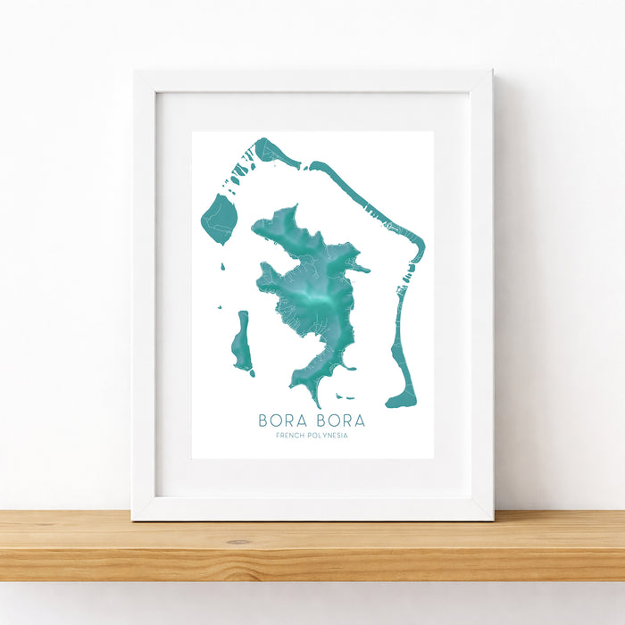 Framed map of Bora Bora on a white wall
