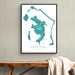 Framed map of Bora Bora on a wall above a wooden bench.