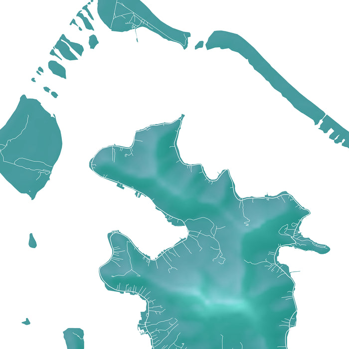 Teal map of a coastal area with waterways on a white background