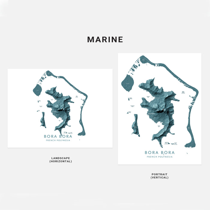 Two map designs of Bora Bora, French Polynesia, one in landscape and one in portrait orientation, on a white background.