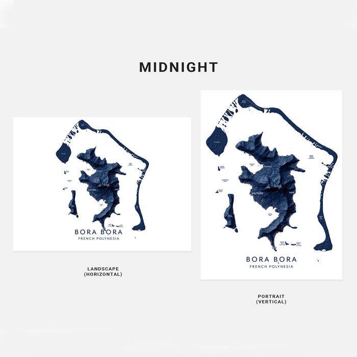 Two map designs of Bora Bora with 'Midnight' text above them on a white background.