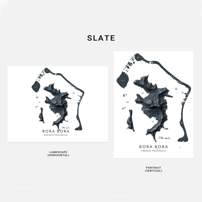 Two black and white maps of Bora Bora on a white background with 'Slate' branding.