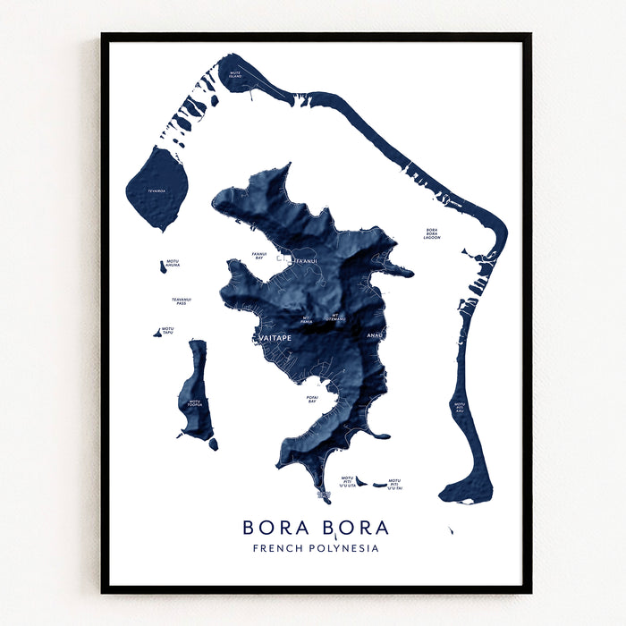 Map of Bora Bora, French Polynesia, in a black frame on a white background