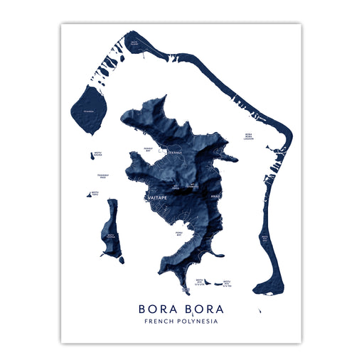 Map of Bora Bora, French Polynesia in blue on a white background