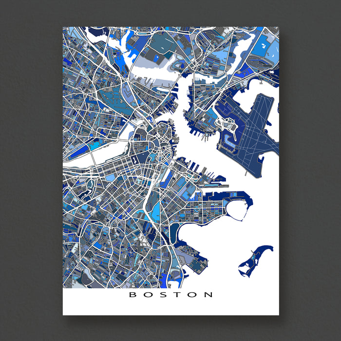 Map of Boston in blue and gray on a dark background