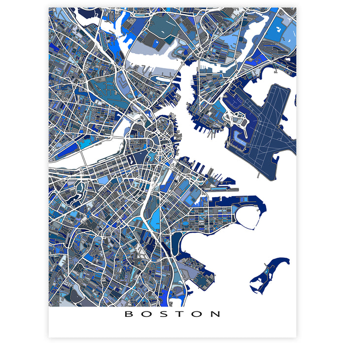 Map of Boston in blue and gray on a white background