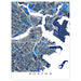 Map of Boston in blue and gray on a white background