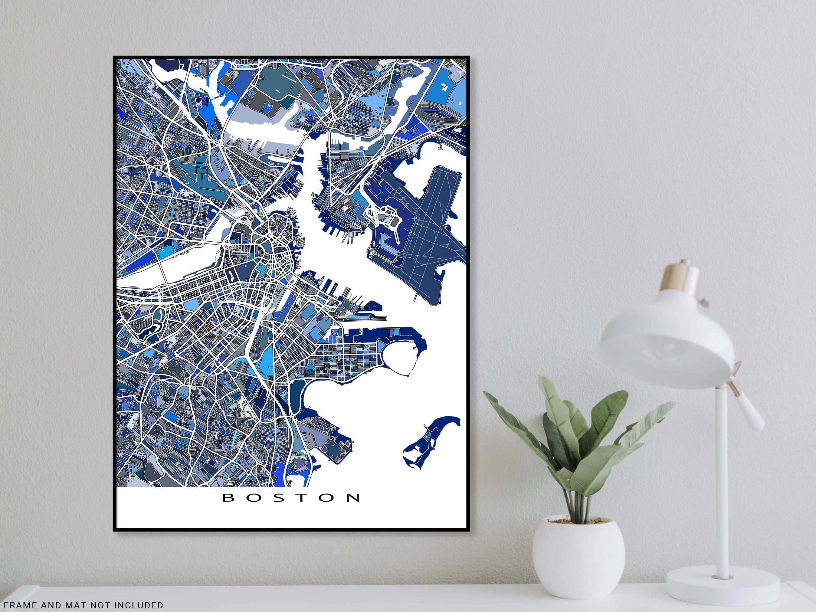 Boston Map Print, Blue Geometric Massachusetts City Street Wall Art Po ...