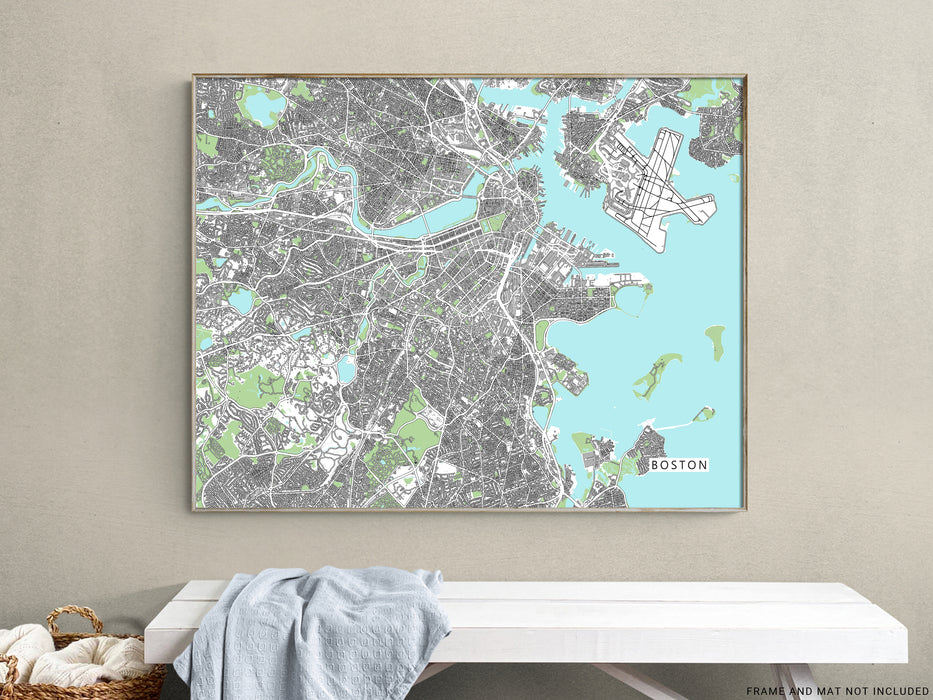 Boston, Massachusetts map art print with city streets and buildings designed by Maps As Art.