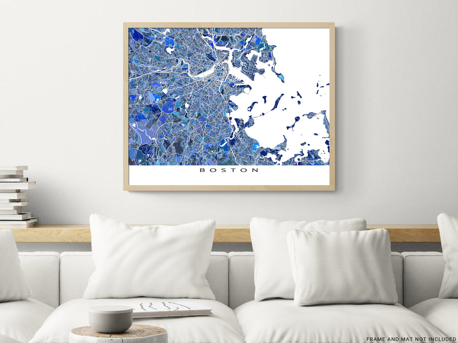Boston, Massachusetts map art print in blue shapes designed by Maps As Art.