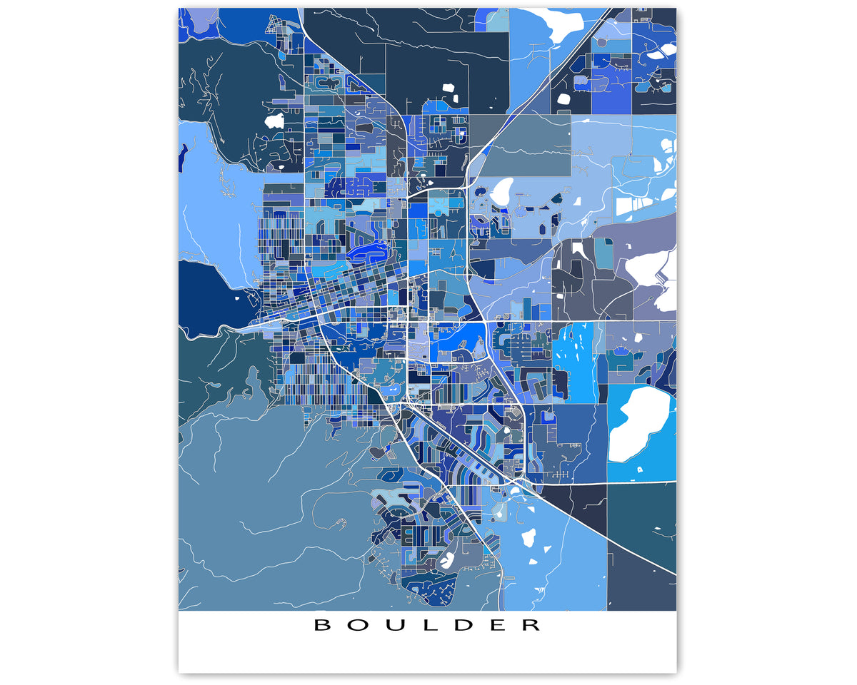 Boulder Map Wall Art Print Poster, Blue Geometric Colorado City Maps ...