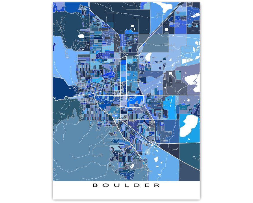 Boulder, Colorado map art print in blue shapes designed by Maps As Art.