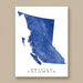 Map of British Columbia in blue on a white background, displayed on a beige wall.
