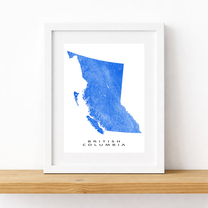 Framed map of British Columbia in blue on a white background