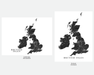Two print options for a black and white map of the British Isles, shown side by side. The left print is labeled 'Landscape (Horizontal)' and the right print is labeled 'Portrait (Vertical)'.