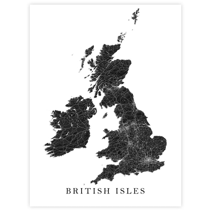 A minimalist black and white map print of the British Isles, featuring a detailed dark gray map of the UK and Ireland with fine road-like lines on a white background, with the text 'BRITISH ISLES' printed below.