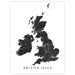 A minimalist black and white map print of the British Isles, featuring a detailed dark gray map of the UK and Ireland with fine road-like lines on a white background, with the text 'BRITISH ISLES' printed below.