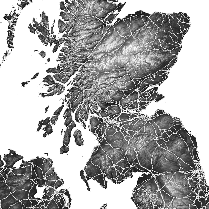 Topographic map of Scotland in black and white
