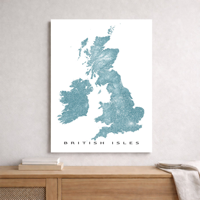 Map of the British Isles on a white background, displayed on a wall above a wooden shelf.