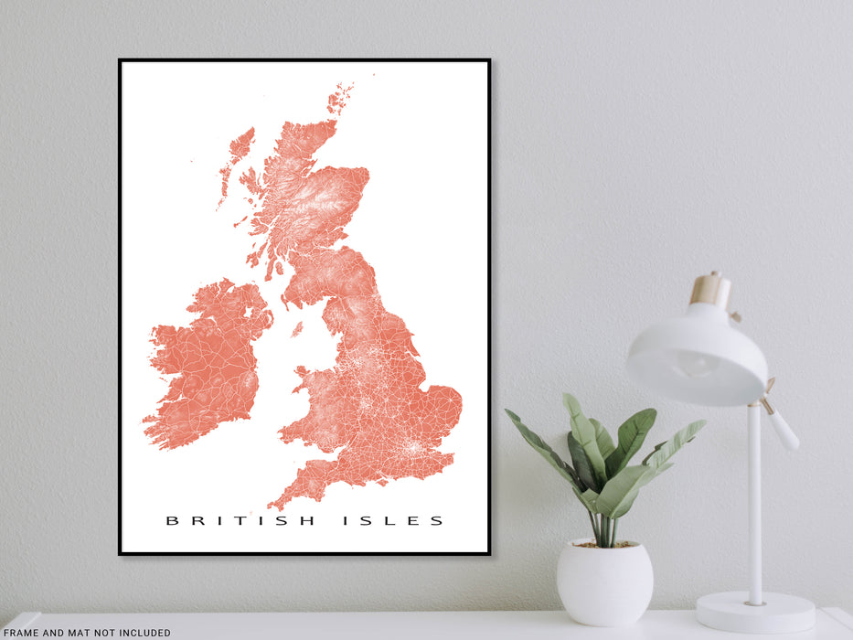 British Isles map print with natural landscape and main roads designed by Maps As Art.