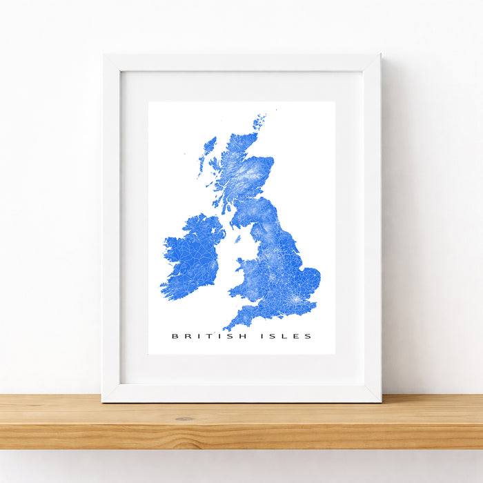 Framed map of the British Isles with blue watercolor design on a white background