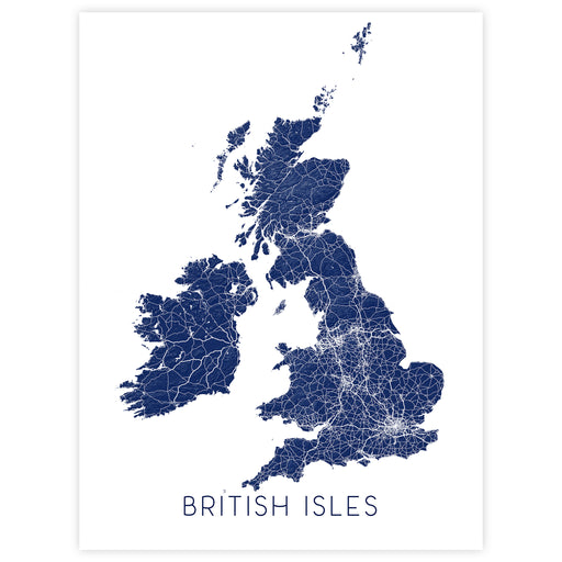 Map of the British Isles with a navy blue color on a white background, labeled 'British Isles'.