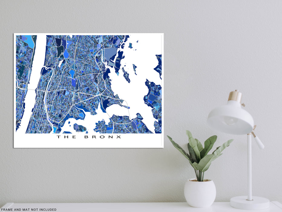 The Bronx, New York City map art print in blue shapes designed by Maps As Art.